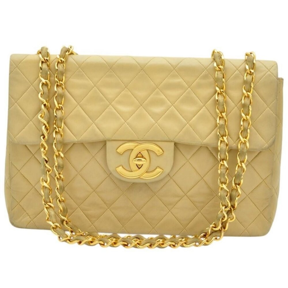 Authentic CHANEL 24K Classic Jumbo Flap Bag Maxi XL Gold Lambskin Chain Shoulder